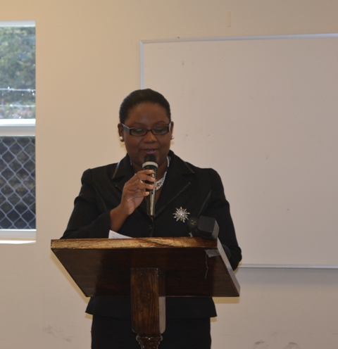 Coordinator of the Department of Youth and Sports Zahnella Claxton delivering remarks at the opening ceremony of the Poetry Writing Workshop on March 22, 2016 at the Nevis Disaster Management Office Conference Room at Long Point